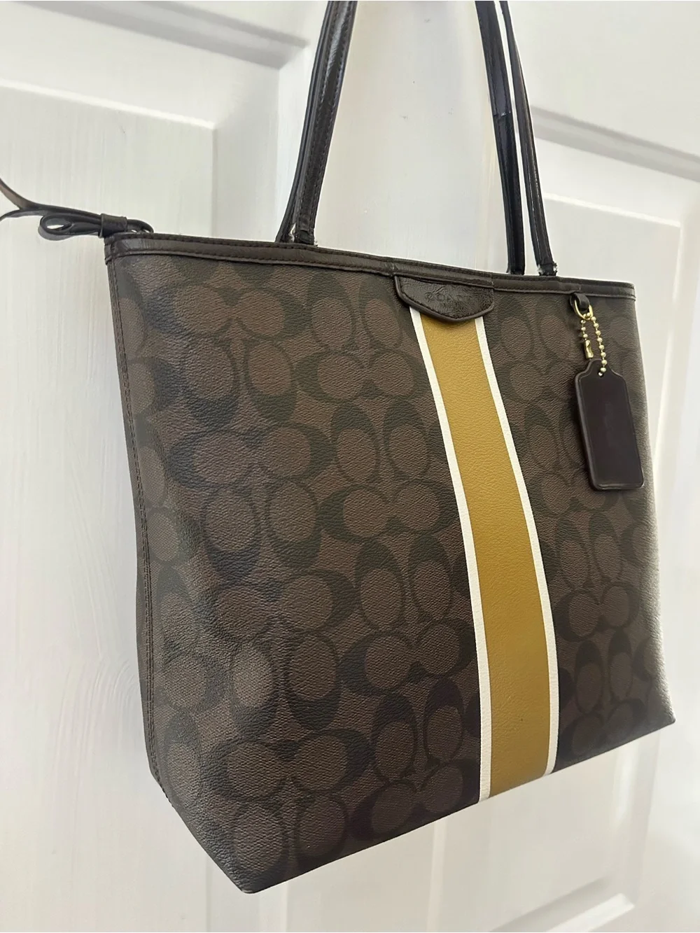 COACH Signature Mahogany Brown Stripe Zipper Tote Rare